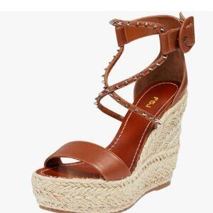 FSJ Caramel Open Toe Espadrilles Wedge Sandals Rivet Cross Strappy Buckle Shoes